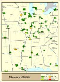 LWD Map of shipments in tons